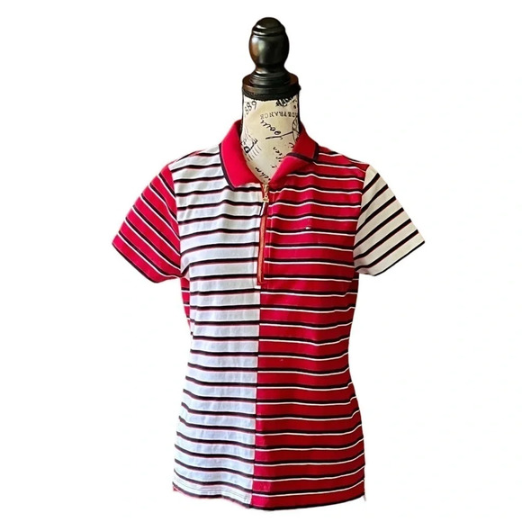 Tommy Hilfiger womens Short Sleeve Mixed Stripe Zip Polo Shirt preppy M - Picture 2 of 11